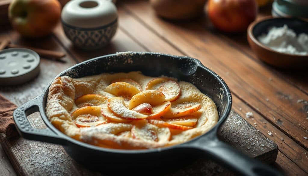 Apfelpfannkuchen in der Pfanne