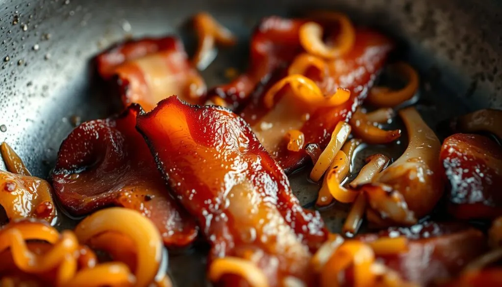 Anbraten Speck, Zwiebeln, Cabanossi Anbraten Speck, Zwiebeln, Cabanossi