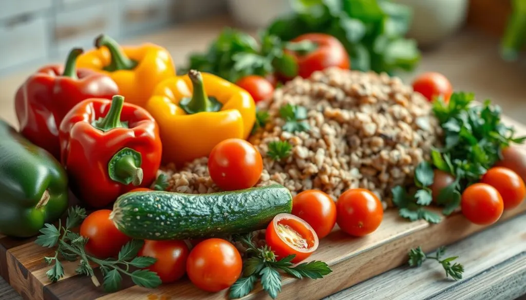 Saisonale Zutaten für Hackfleischpfanne mit Reis Saisonale Zutaten für Hackfleischpfanne mit Reis