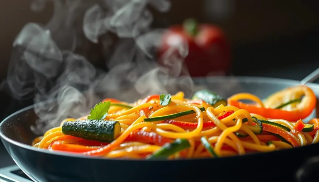 Gemüsespaghetti in der Pfanne