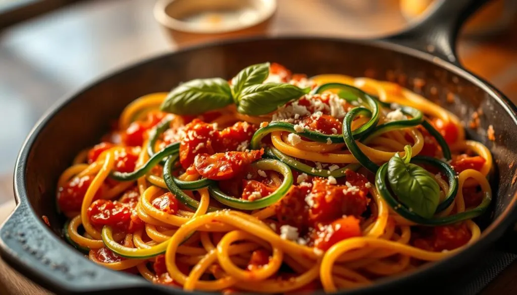 Zucchini-Spaghetti in der Pfanne