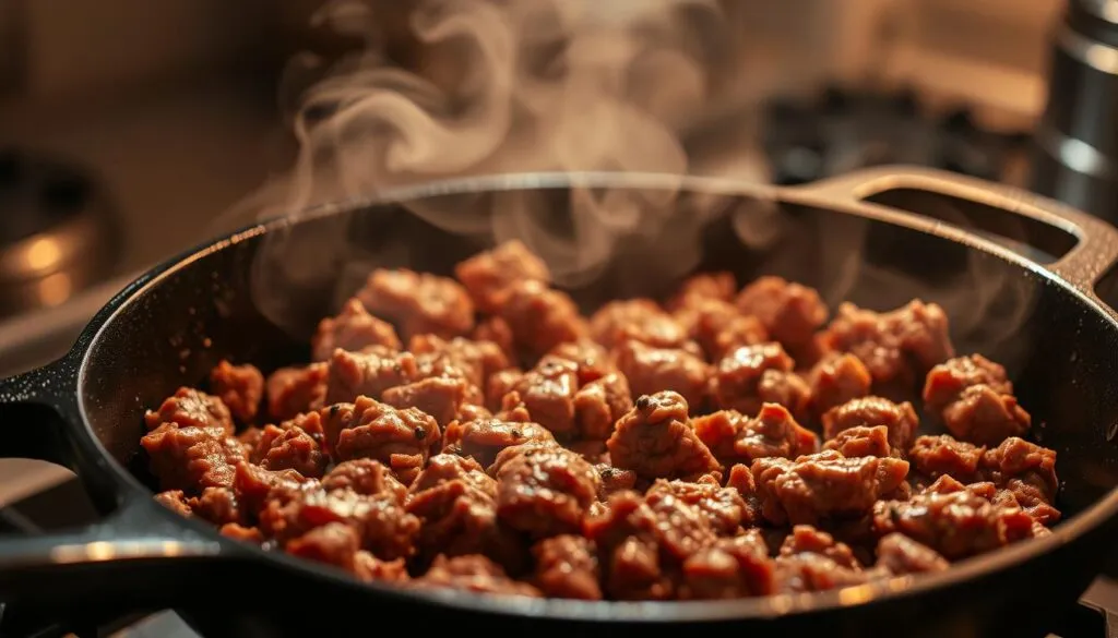 Hackfleisch in der Pfanne rösten Hackfleisch in der Pfanne rösten