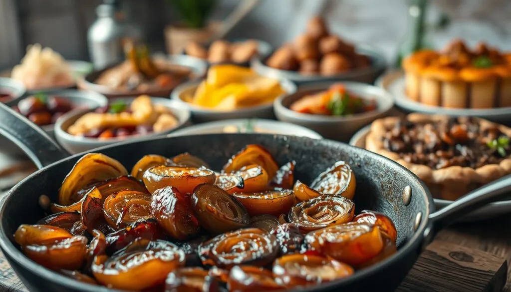 Röstzwiebeln in verschiedenen Gerichten